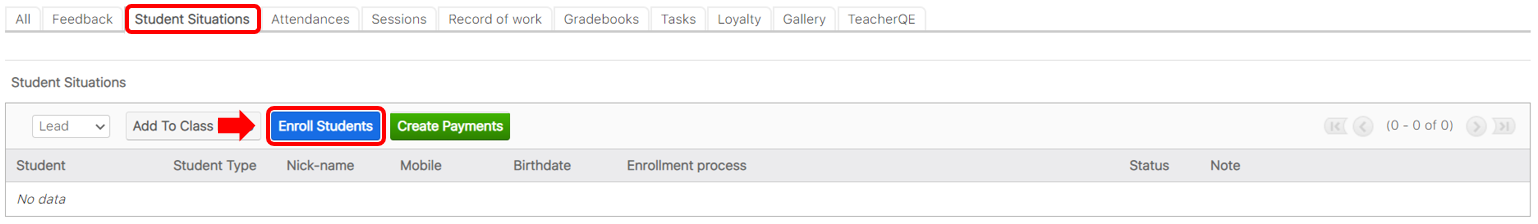 Tab Students Situation và nút Enroll Students