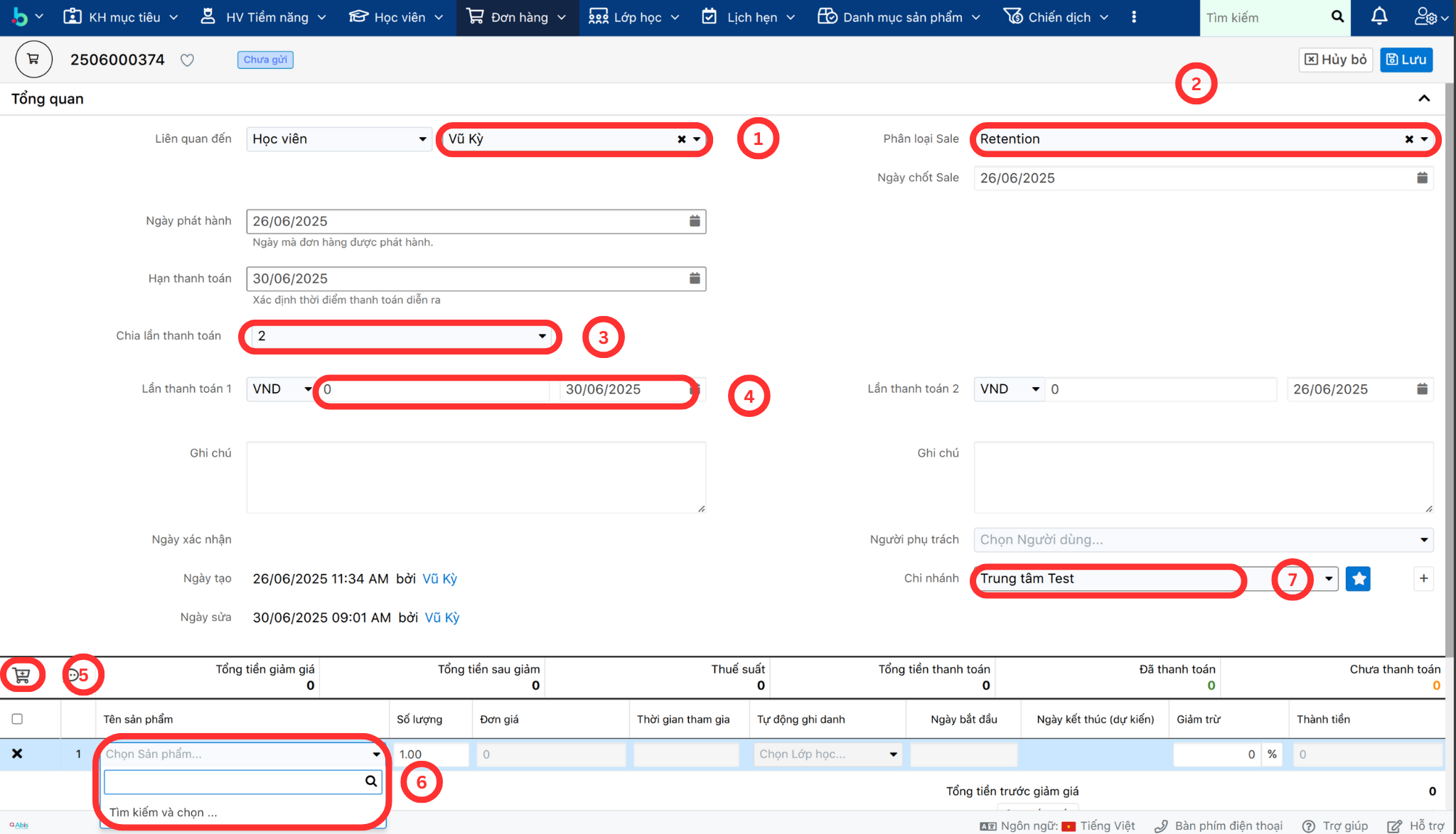 Bước 2 tạo đơn hàng khóa lẻ 1