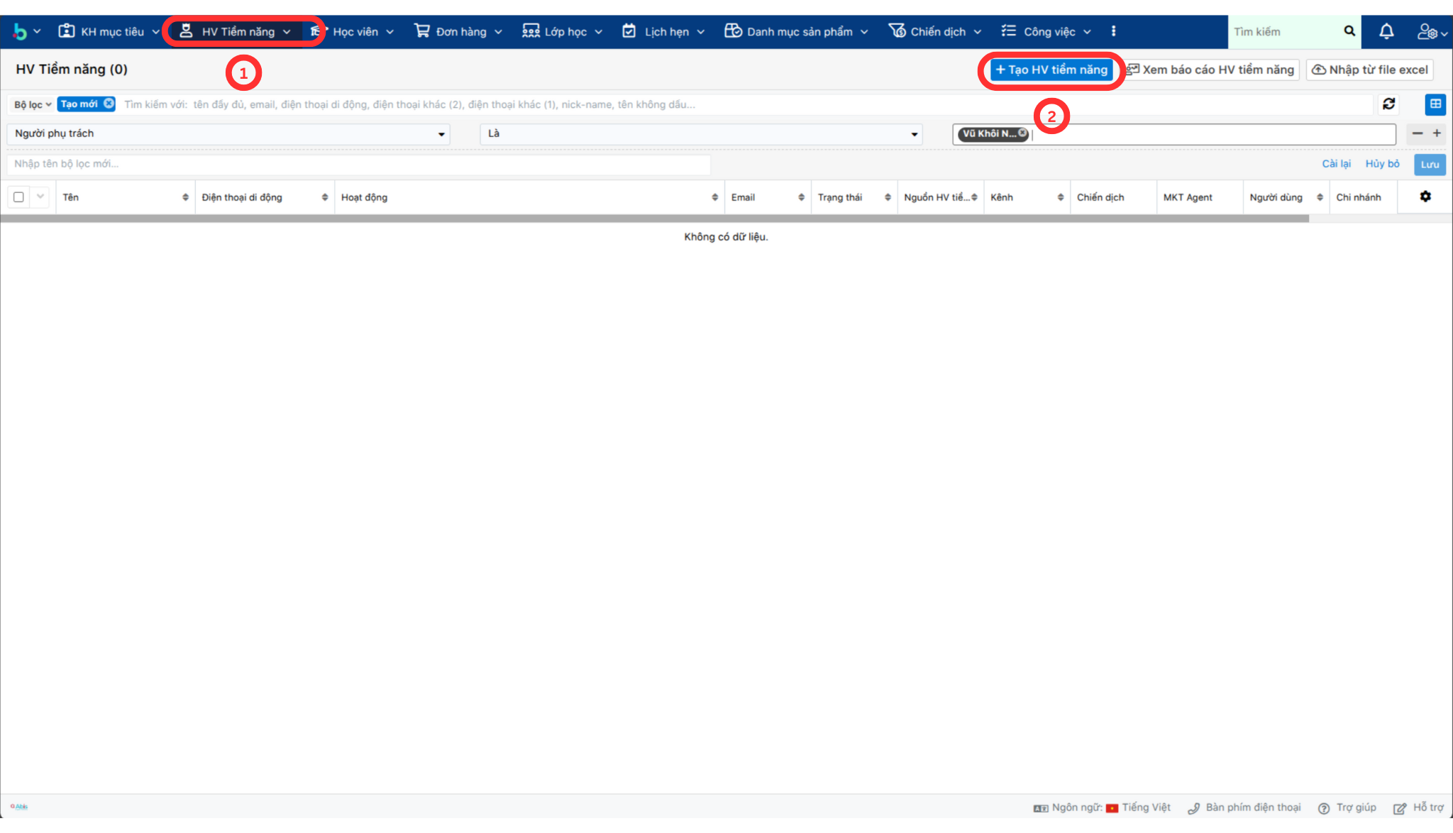 Bước 1 tạo Lead