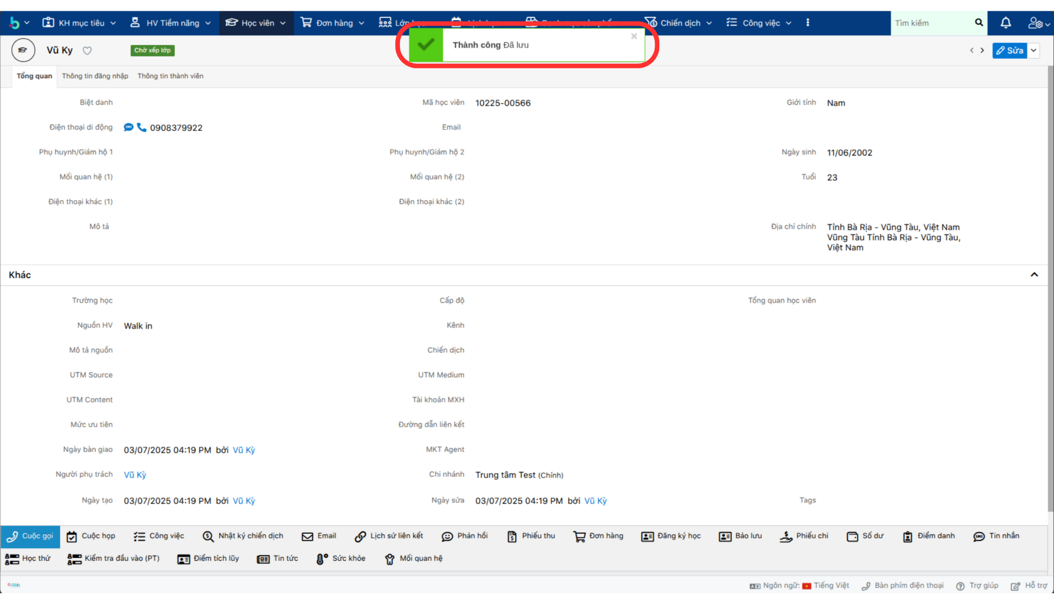 Thông báo lưu thành công