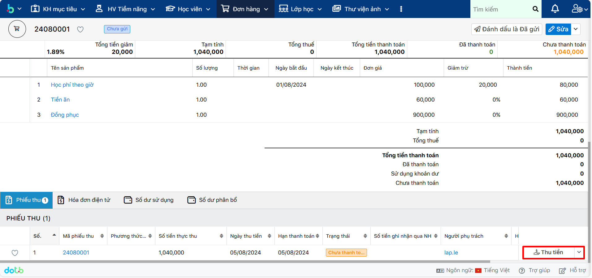 Bước 1 thu tiền mặt