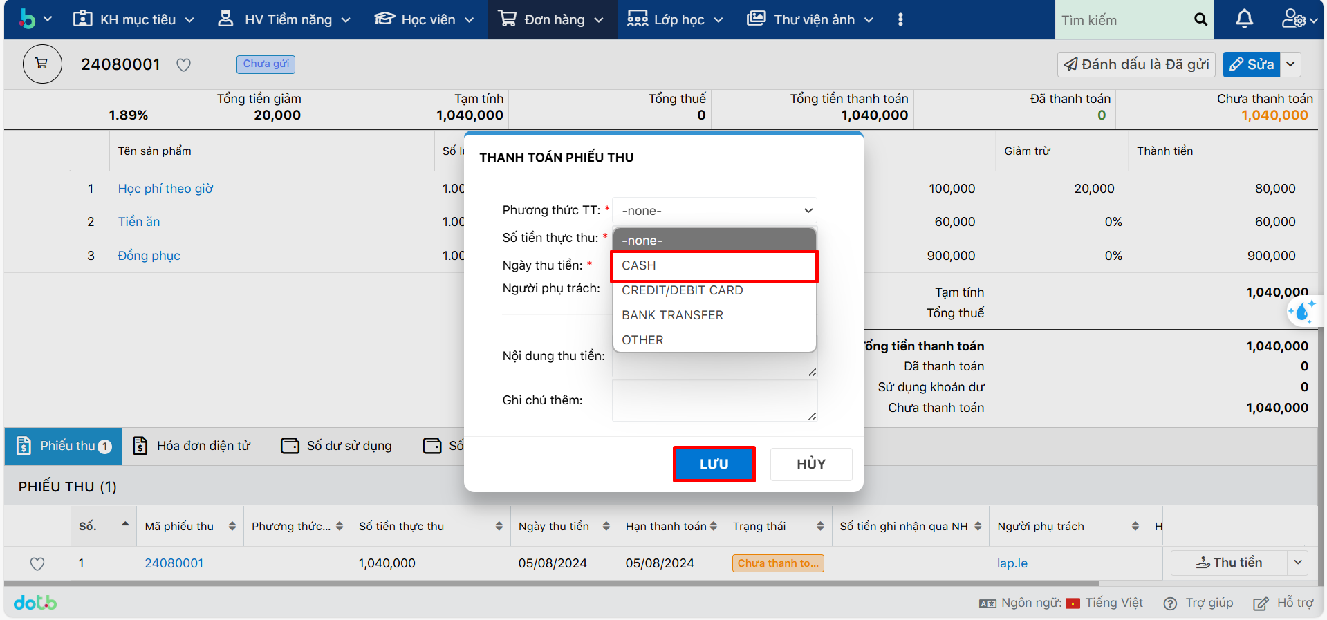 Bước 2 thu tiền mặt