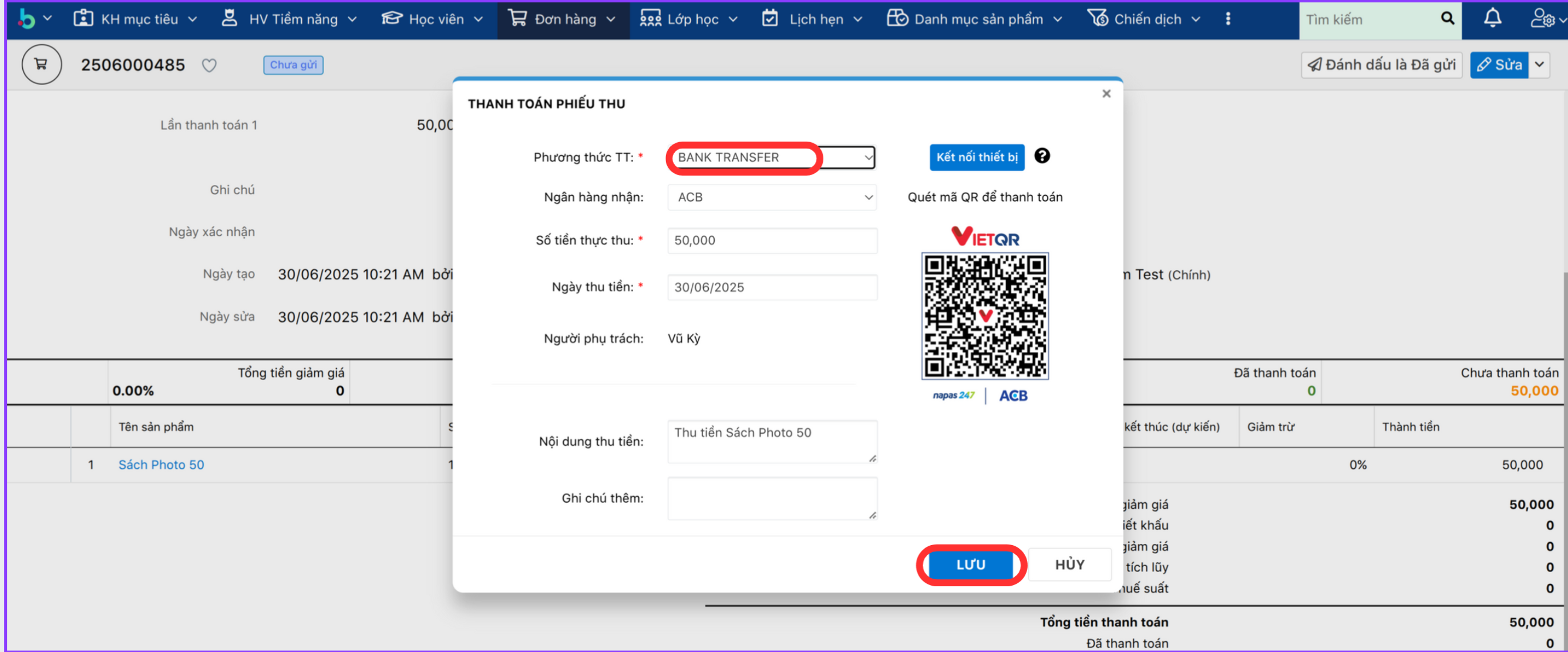 Bước 2 thu tiền chuyển khoản