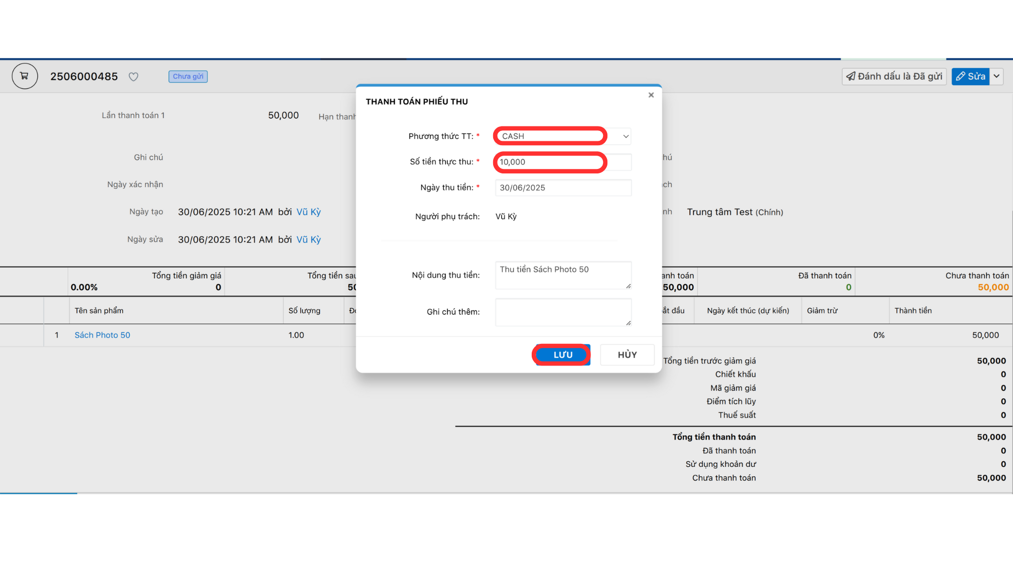 Trường hợp 1 thu tiền mặt